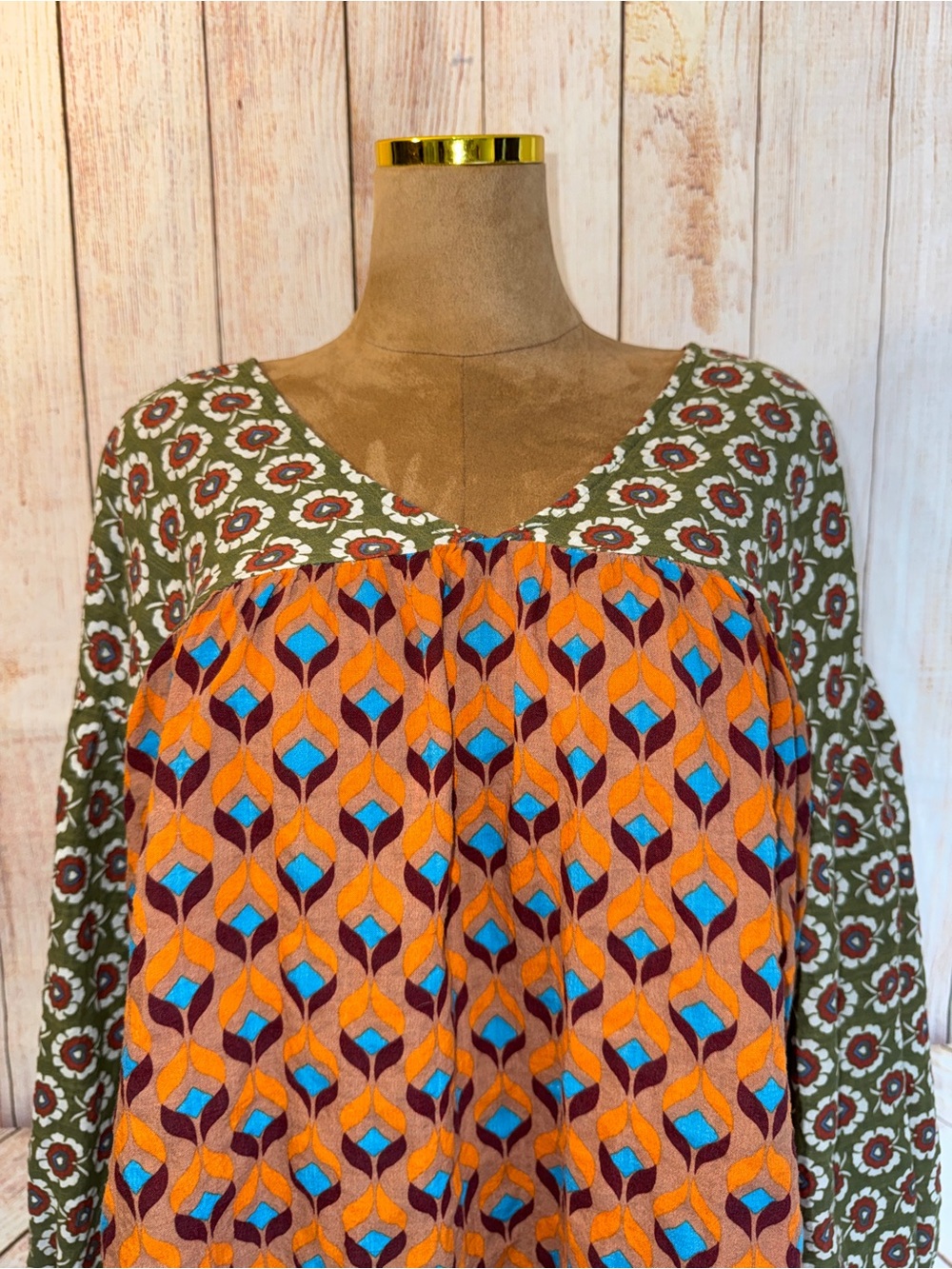 Bucket List Boho Floral Patchwork Peasant Blouse Green Orange Artsy Top L - Picture 3 of 10